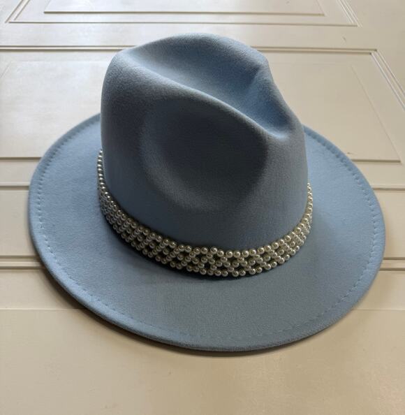 Boutique Accessories - Boutique Womens OS Adjustable Light Blue Pearl Band Fedora Cowboy Hat